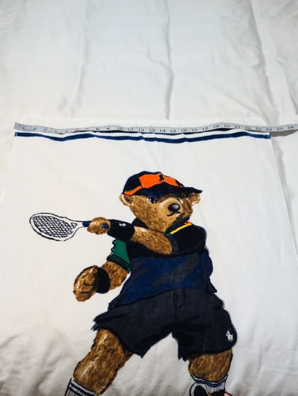 Ralph Lauren White Towel with Embroidered Tennis Bear in Navy and Orange